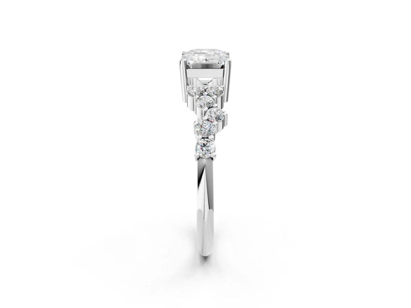 White gold Emerald Cut Diamond Cluster Pavé Band with Four-Prong Setting