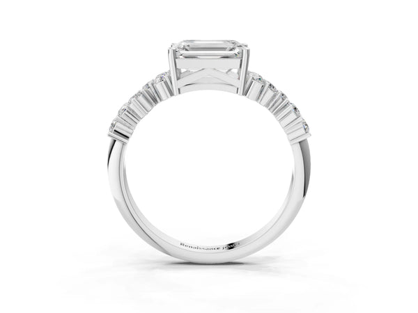 White gold Emerald Cut Diamond Cluster Pavé Band with Four-Prong Setting