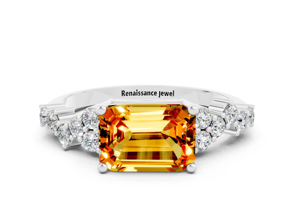 Silver Emerald Cut Citrine Scattered Round Accent Ring with Prong Setting