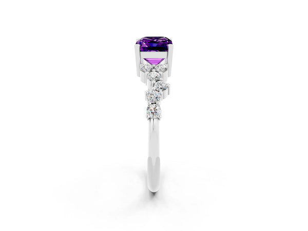 White gold Emerald Cut Amethyst Scattered Round Accent Ring with Prong Setting