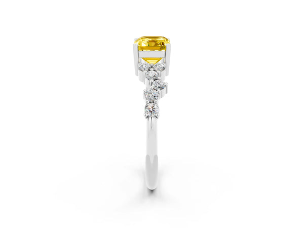 Silver Emerald Cut Yellow Sapphire Scattered Round Accent Ring with Prong Setting
