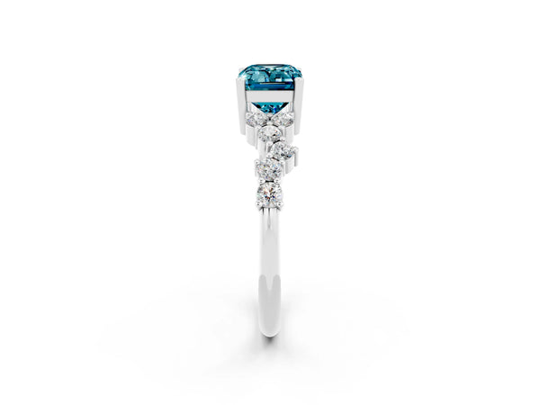 Platinum Emerald Cut Diamond Cluster Pavé Band with Four-Prong Setting