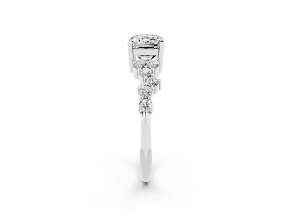 Silver Emerald Cut Moissanite Scattered Round Accent Ring with Prong Setting