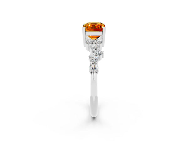 White gold Emerald Cut Citrine Scattered Round Accent Ring with Prong Setting