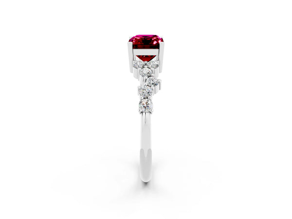 Silver Emerald Cut Garnet Scattered Round Accent Ring with Prong Setting