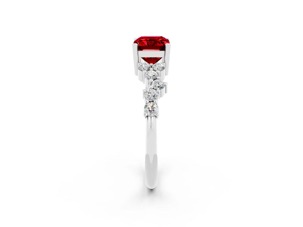 Silver Emerald Cut Ruby Scattered Round Accent Ring with Prong Setting