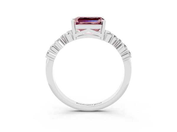 Platinum Emerald Cut Diamond Cluster Pavé Band with Four-Prong Setting