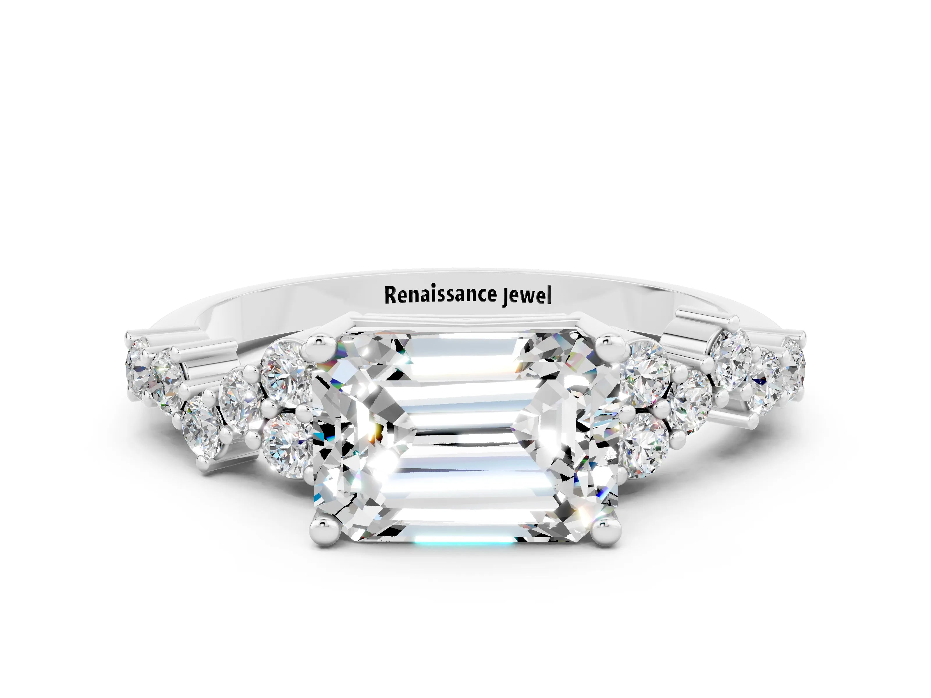 White gold Emerald Cut Diamond Cluster Pavé Band with Four-Prong Setting