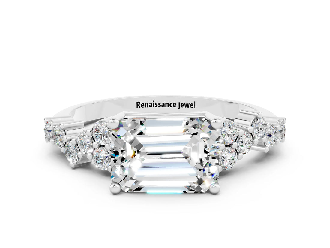 White gold Emerald Cut Diamond Cluster Pavé Band with Four-Prong Setting