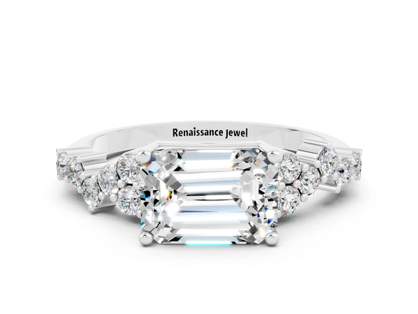 White gold Emerald Cut Moissanite Scattered Round Accent Ring with Prong Setting