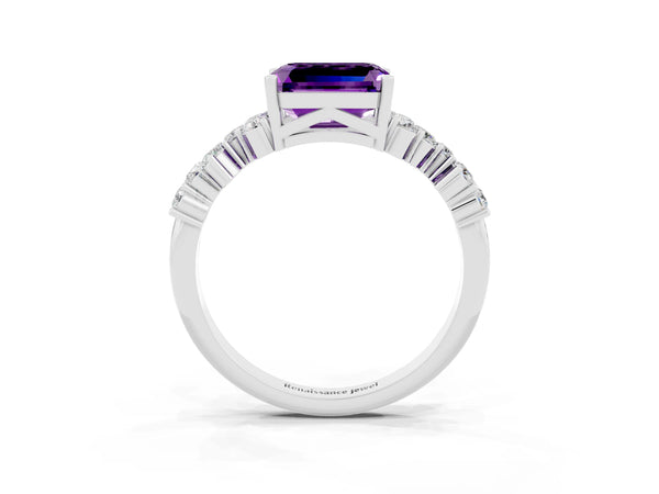 White gold Emerald Cut Amethyst Scattered Round Accent Ring with Prong Setting