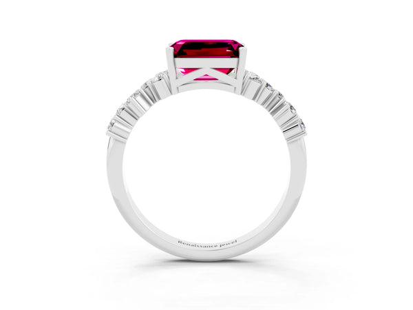 Platinum Emerald Cut Garnet Scattered Round Accent Ring with Prong Setting