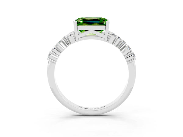 Silver Emerald Cut Diamond Cluster Pavé Band with Four-Prong Setting