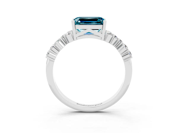 Silver Emerald Cut Diamond Cluster Pavé Band with Four-Prong Setting
