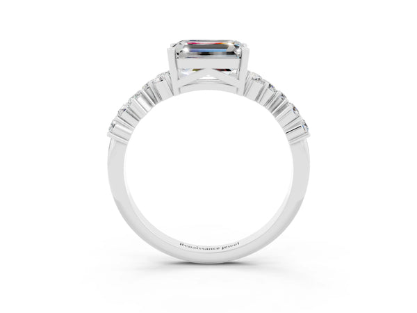 Silver Emerald Cut Moissanite Scattered Round Accent Ring with Prong Setting
