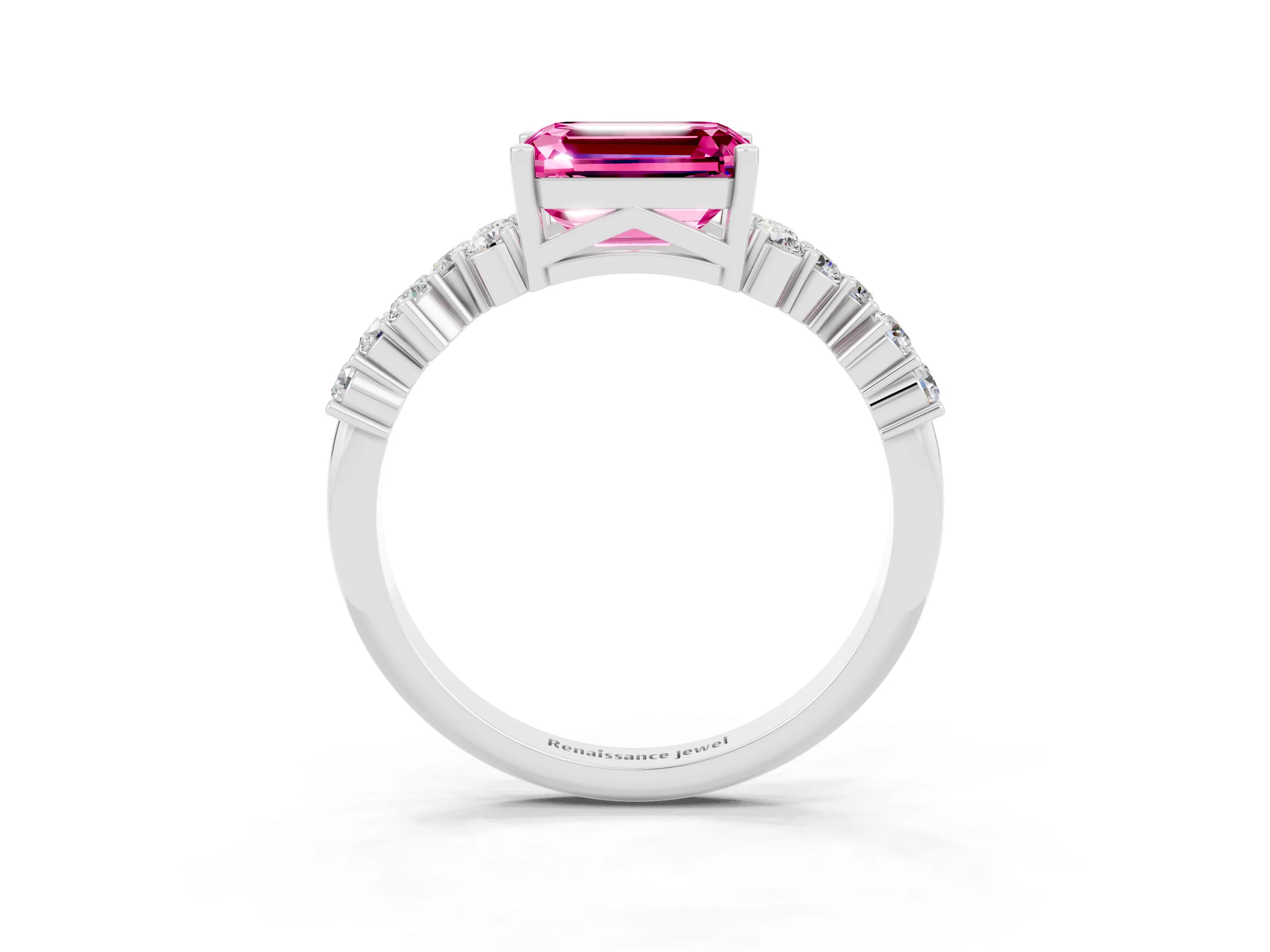 White gold Emerald Cut Diamond Cluster Pavé Band with Four-Prong Setting_3