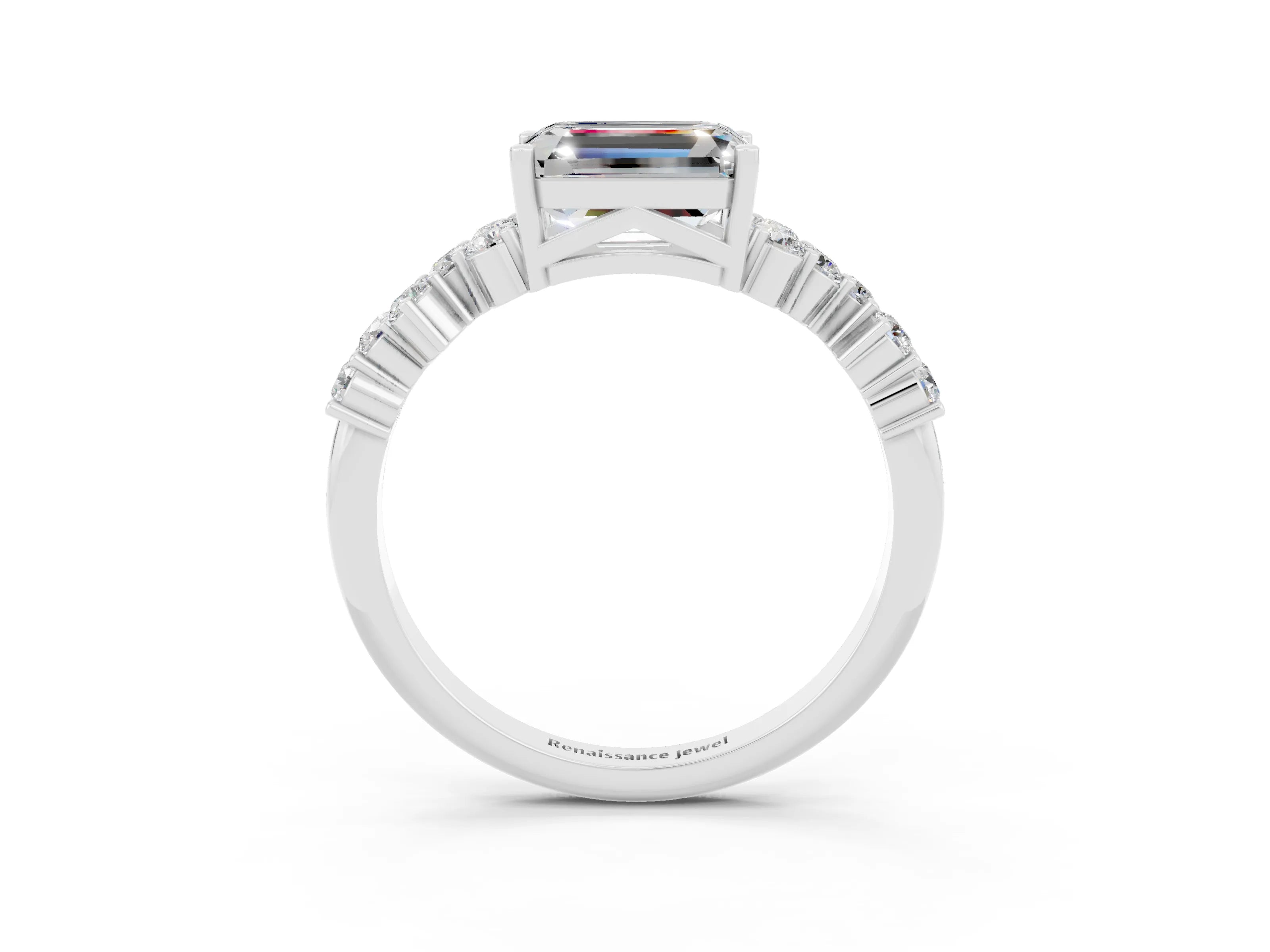 White gold Emerald Cut Diamond Cluster Pavé Band with Four-Prong Setting_3