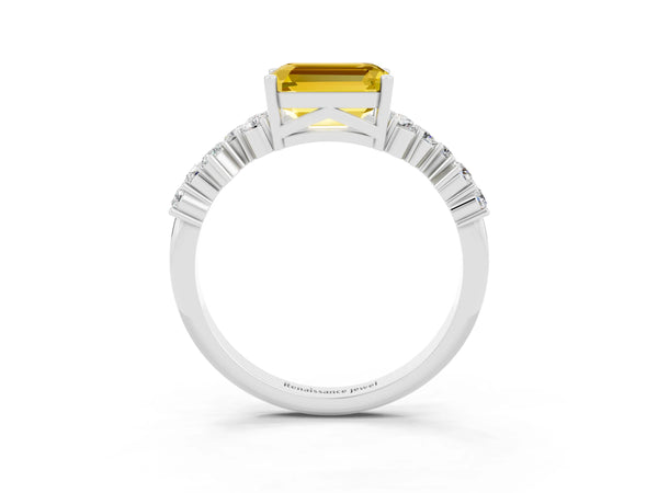 Platinum Emerald Cut Yellow Sapphire Scattered Round Accent Ring with Prong Setting