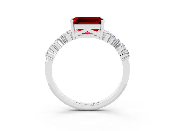 White gold Emerald Cut Ruby Scattered Round Accent Ring with Prong Setting