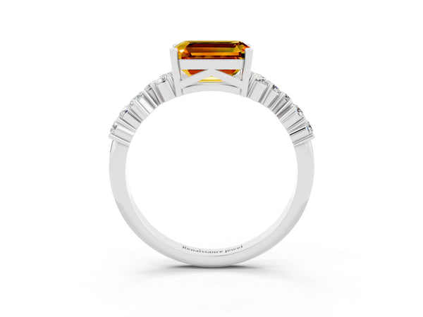 Silver Emerald Cut Citrine Scattered Round Accent Ring with Prong Setting