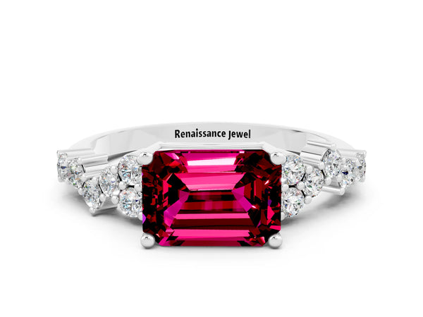 Silver Emerald Cut Garnet Scattered Round Accent Ring with Prong Setting