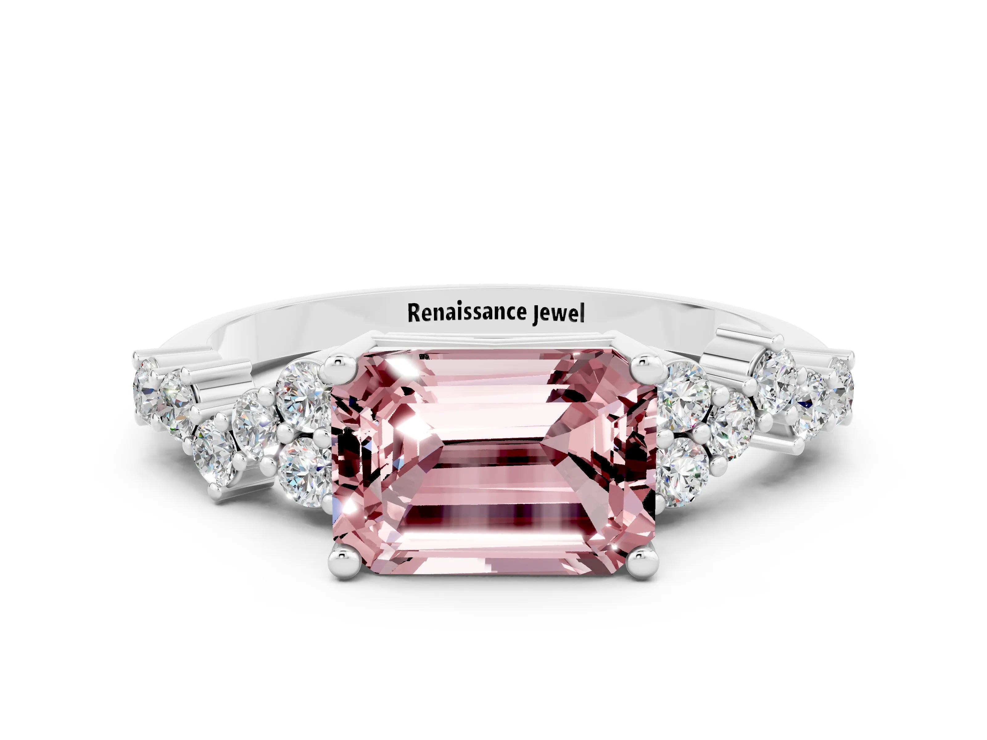 White gold Emerald Cut Diamond Cluster Pavé Band with Four-Prong Setting