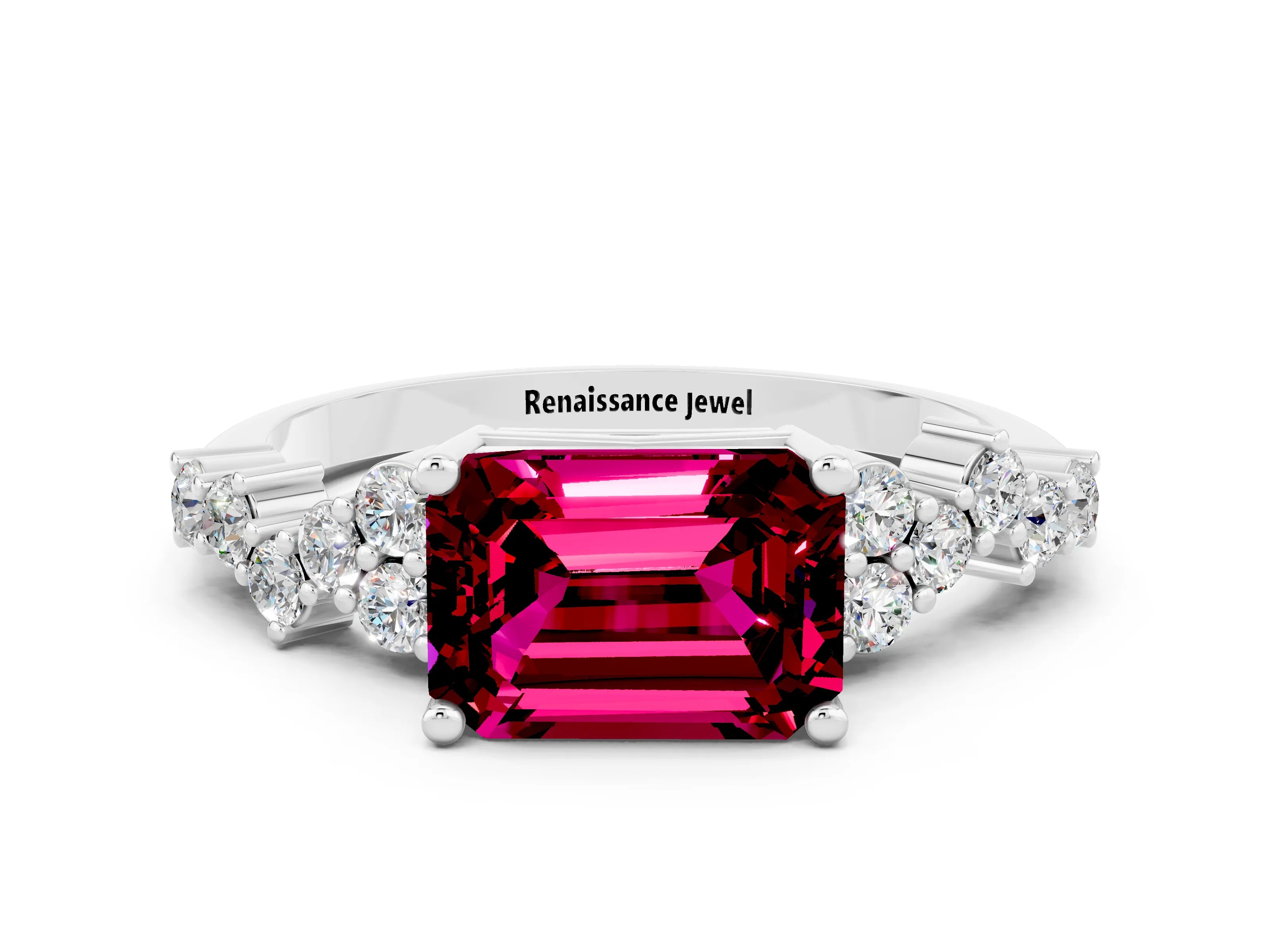 White gold Emerald Cut Diamond Cluster Pavé Band with Four-Prong Setting