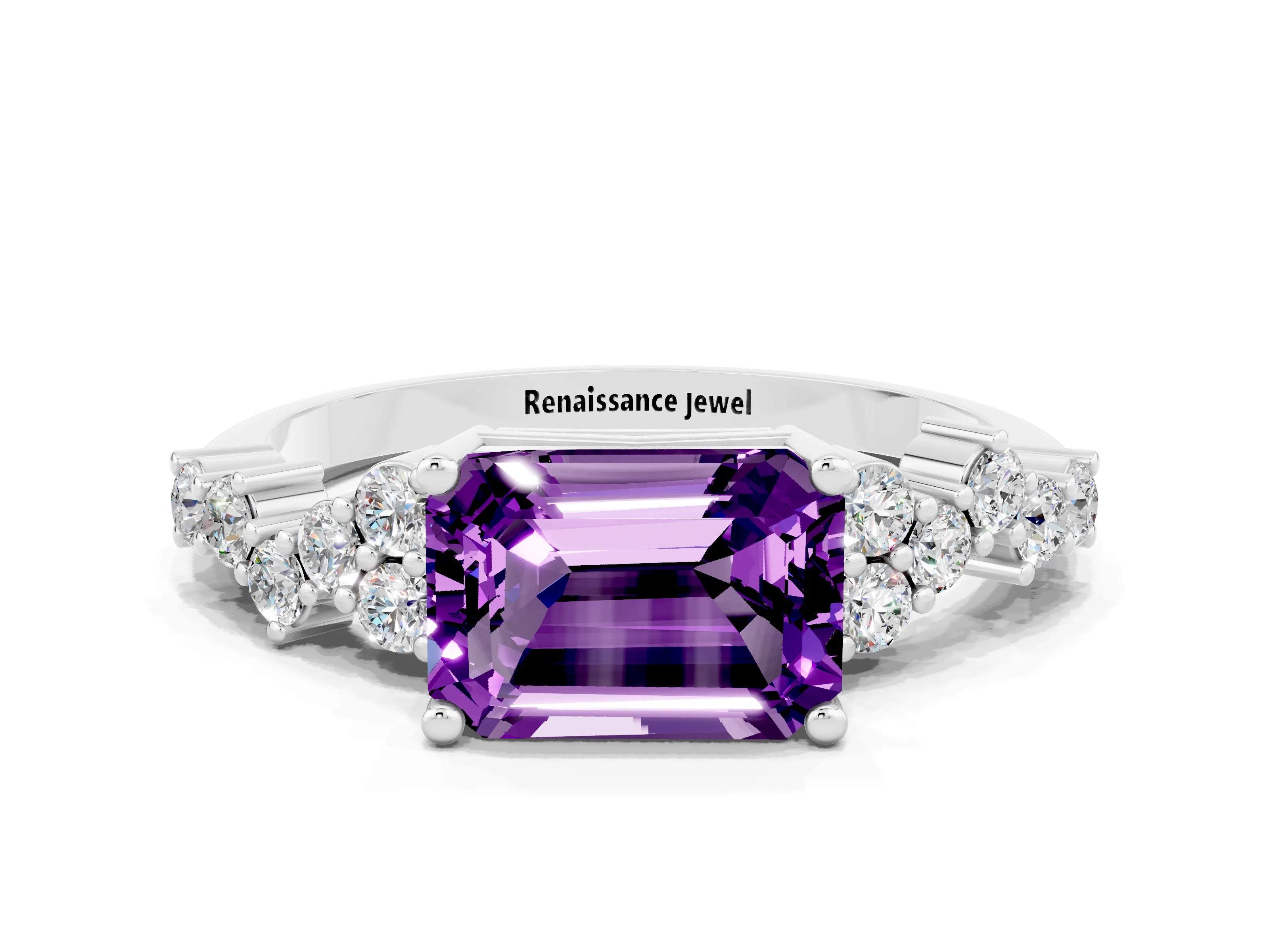 White gold Emerald Cut Diamond Cluster Pavé Band with Four-Prong Setting