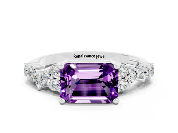 White gold Emerald Cut Amethyst Scattered Round Accent Ring with Prong Setting