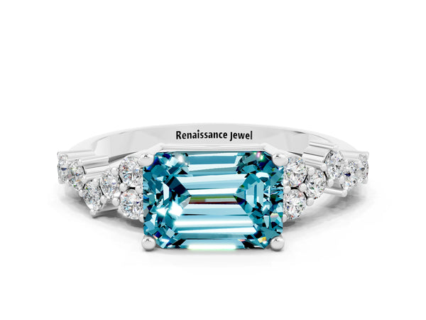 White gold Emerald Cut Diamond Cluster Pavé Band with Four-Prong Setting