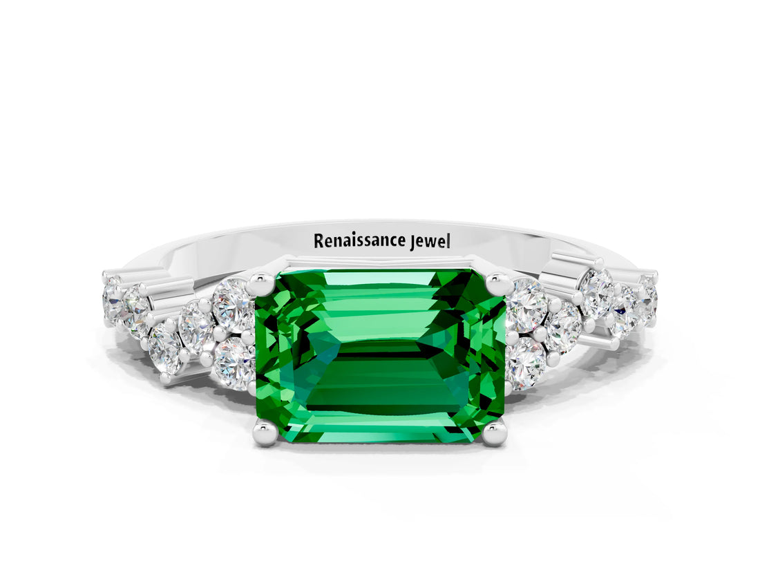 White gold Emerald Cut Diamond Cluster Pavé Band with Four-Prong Setting
