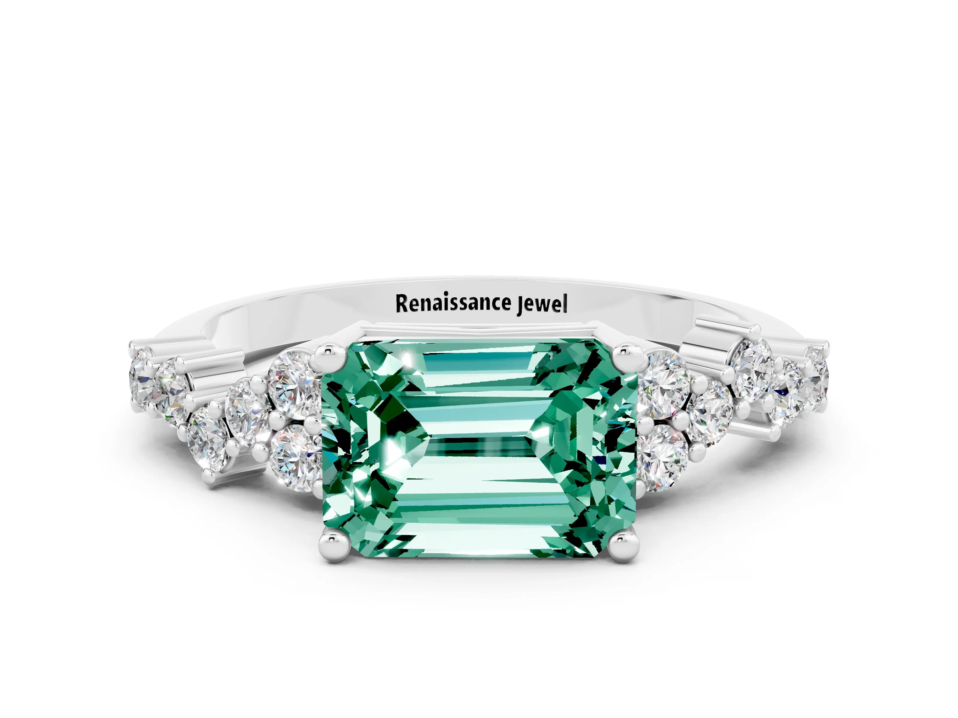 White gold Emerald Cut Diamond Cluster Pavé Band with Four-Prong Setting
