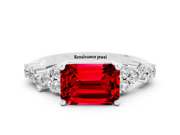 White gold Emerald Cut Ruby Scattered Round Accent Ring with Prong Setting
