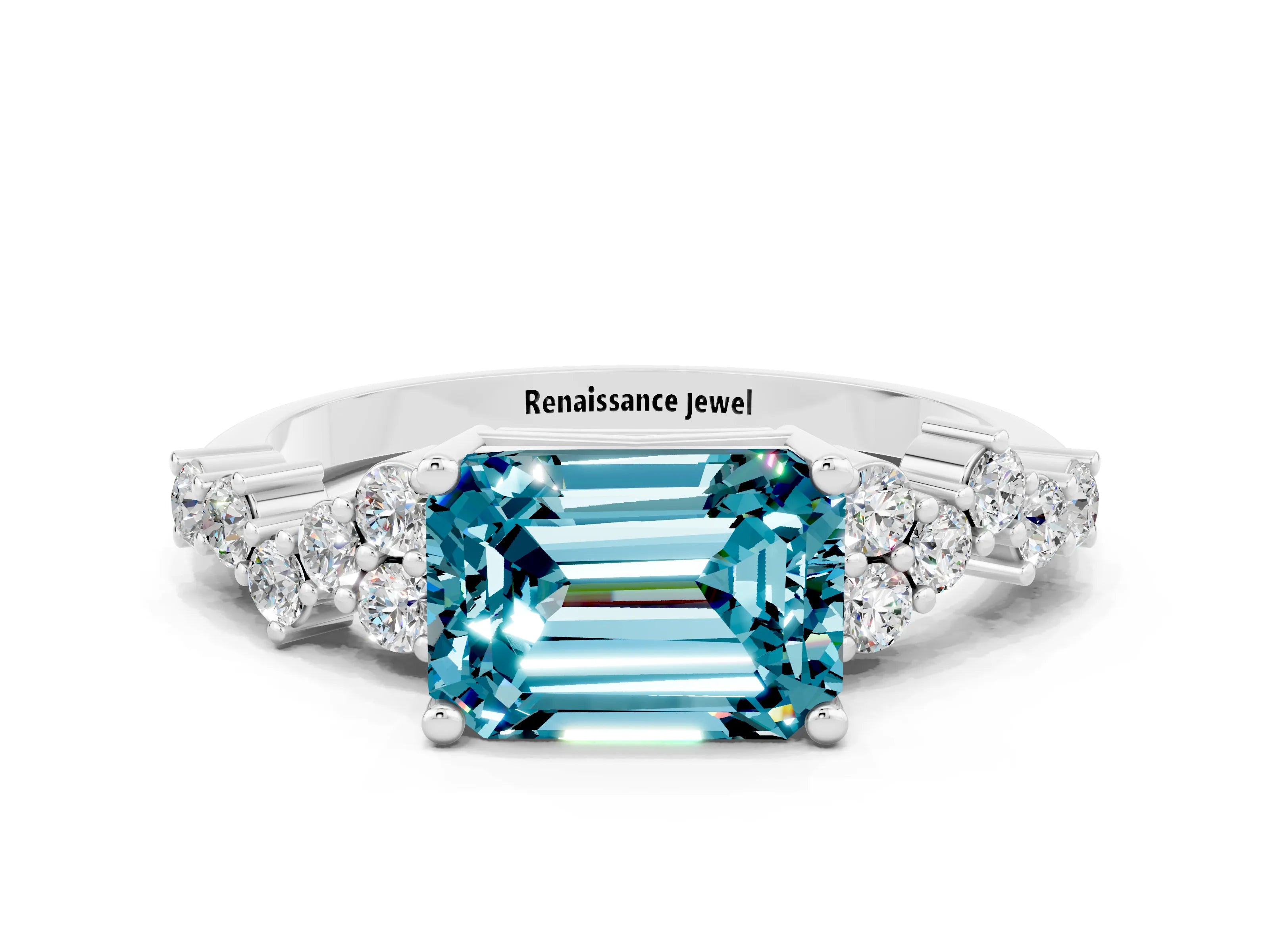 White gold Emerald Cut Diamond Cluster Pavé Band with Four-Prong Setting