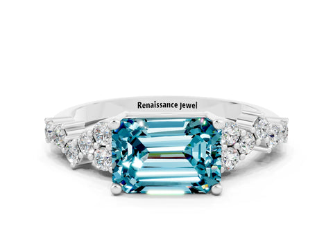 White gold Emerald Cut Diamond Cluster Pavé Band with Four-Prong Setting