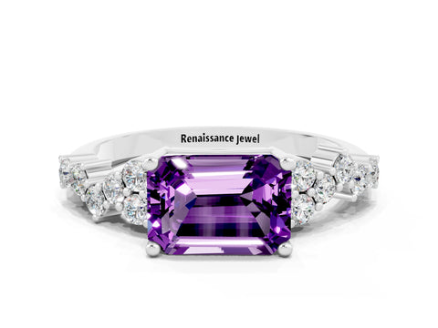 White gold Emerald Cut Diamond Cluster Pavé Band with Four-Prong Setting