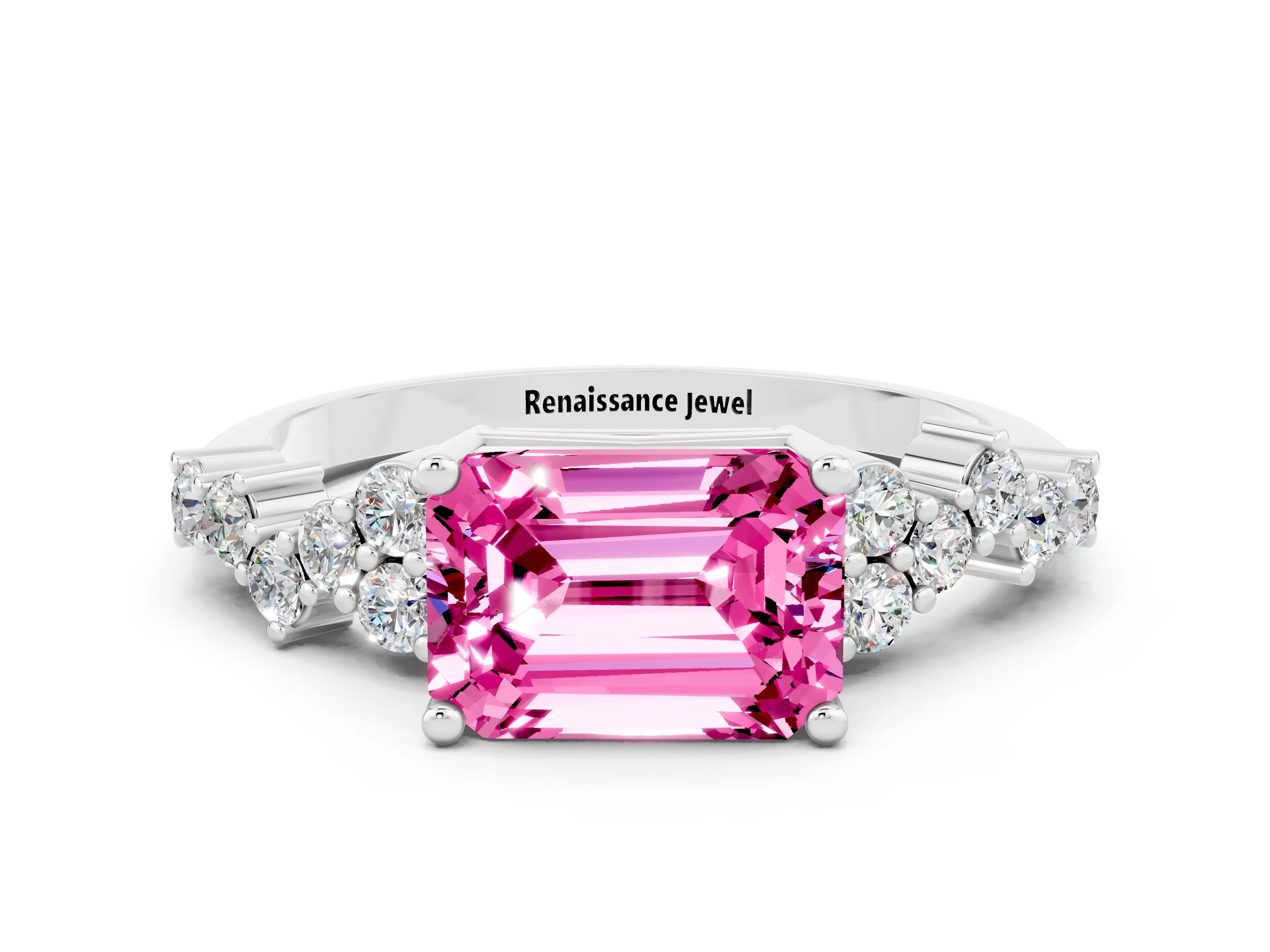 White gold Emerald Cut Diamond Cluster Pavé Band with Four-Prong Setting