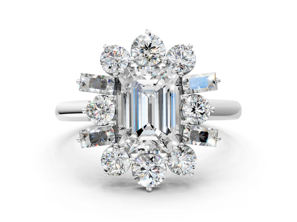 Platinum Oval Diamond Cluster Ring with Round and Baguette Stones, Split Shank Band, Prong Setting