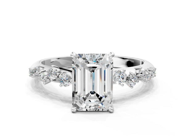 White gold Emerald Cut Diamond Cluster Side Stone Solitaire Ring with Prong Setting