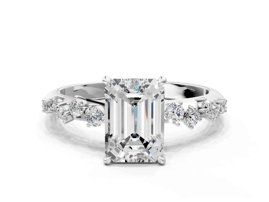 White gold Emerald Cut Diamond Cluster Side Stone Solitaire Ring with Prong Setting