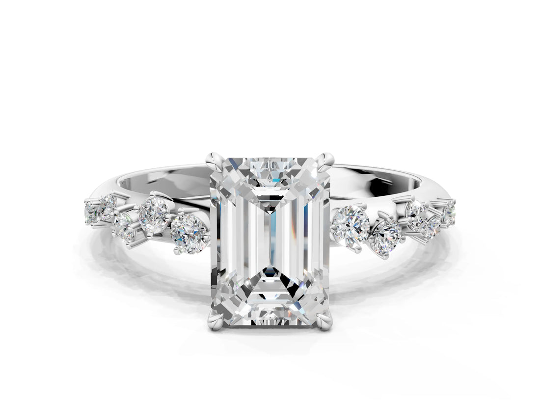 White gold Emerald Cut Diamond Cluster Side Stone Solitaire Ring with Prong Setting_82