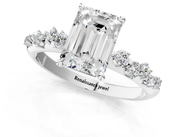White gold Emerald Cut Diamond Cluster Side Stone Solitaire Ring with Prong Setting