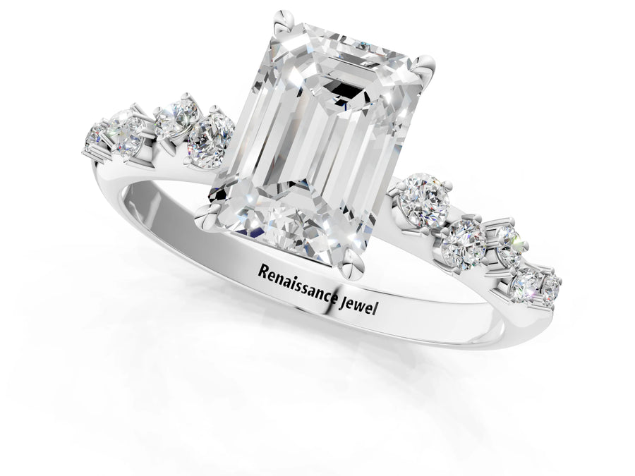 White gold Emerald Cut Diamond Cluster Side Stone Solitaire Ring with Prong Setting