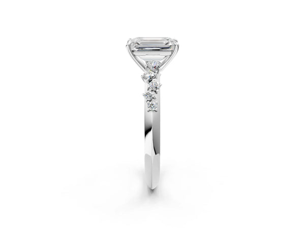 White gold Emerald Cut Diamond Cluster Side Stone Solitaire Ring with Prong Setting