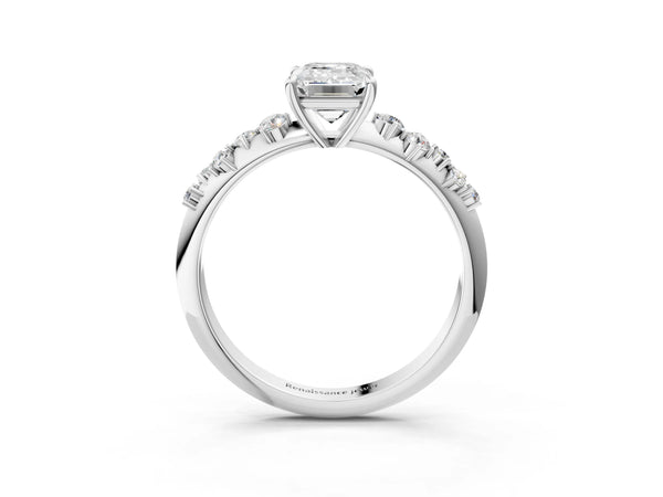 White gold Emerald Cut Diamond Cluster Side Stone Solitaire Ring with Prong Setting