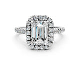 White gold Emerald Cut Diamond Cushion Halo Ring with Pavé Band_107
