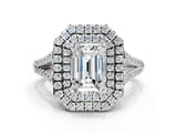 White gold Emerald Cut Diamond Double Halo Ring with Pavé Band and Prong Setting_200