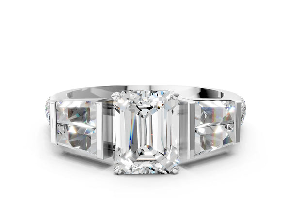 Platinum 2.42 Carat E VVS2 Emerald Diamond Engagement Ring with Baguette Side Stones and Channel Set Band