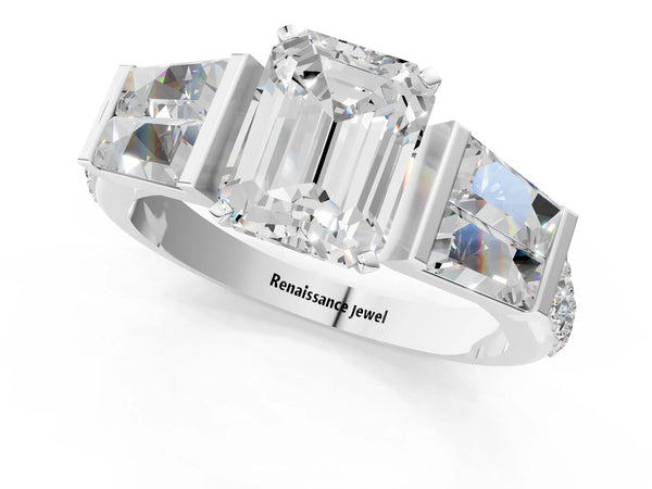 Platinum 2.42 Carat E VVS2 Emerald Diamond Engagement Ring with Baguette Side Stones and Channel Set Band