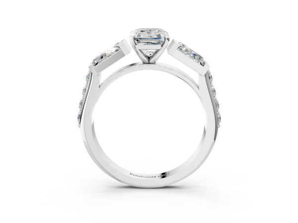 Platinum 2.42 Carat E VVS2 Emerald Diamond Engagement Ring with Baguette Side Stones and Channel Set Band